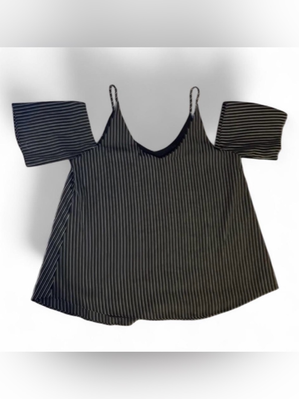 Asher Women’s Medium Striped Cold Shoulder Blouse Black & Gold Lined Flowy - Picture 3 of 4